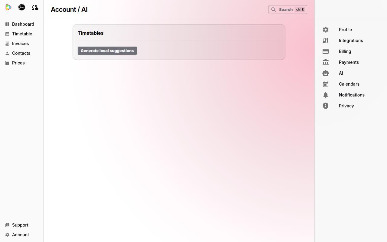 The Account AI page with a Timetables section and a Generate local suggestions button