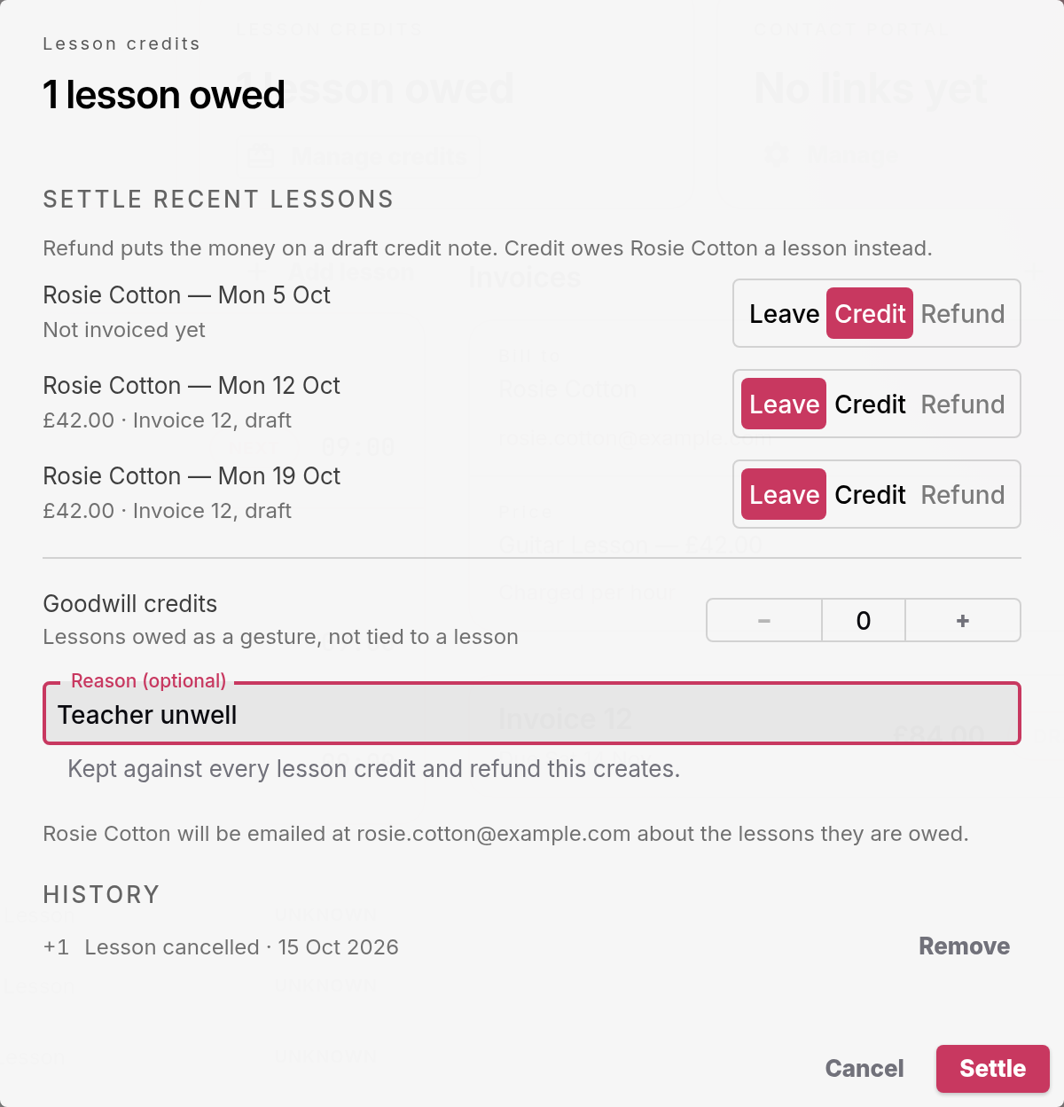 The Lesson credits dialog for Rosie Cotton, 1 lesson owed, with Credit chosen for Mon 5 Oct, the reason Teacher unwell, and the History list below