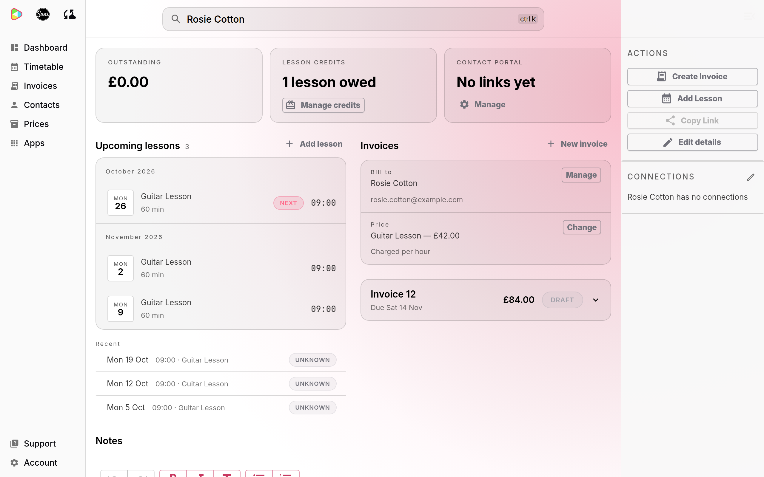 Rosie Cotton’s contact page with 1 lesson owed in the Lesson credits card