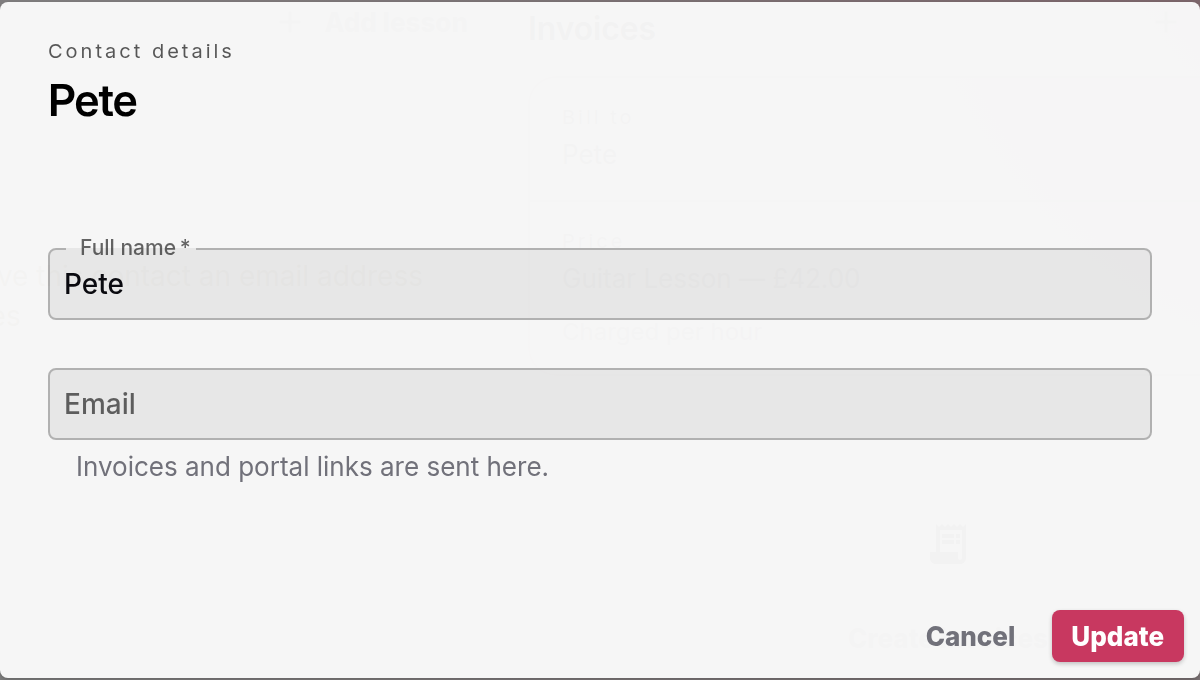 The Contact details dialog for Pete with the Full name and Email fields and an Update button